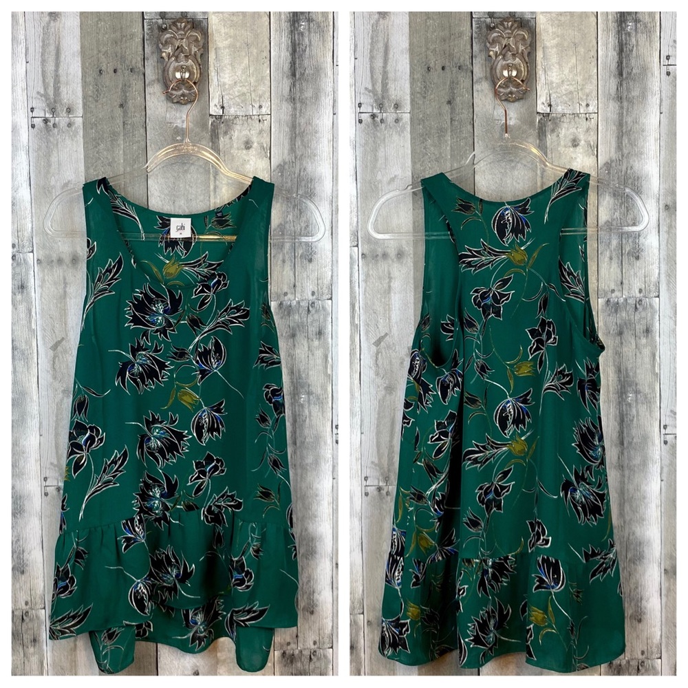 CAbi Green Floral Hi Lo Ruffle Hem Tank Size Medium. - Picture 8 of 9